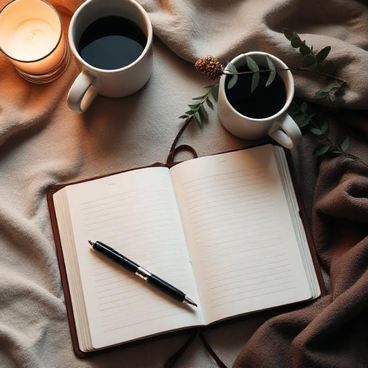 A cozy journal open on a wooden table, pen nearby, ready for a quiet moment of writing