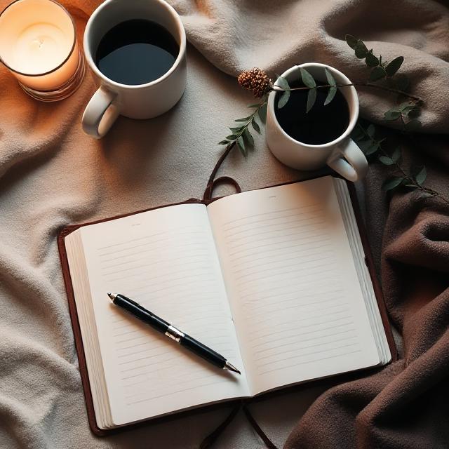 A cozy journal open on a wooden table, pen nearby, ready for a quiet moment of writing